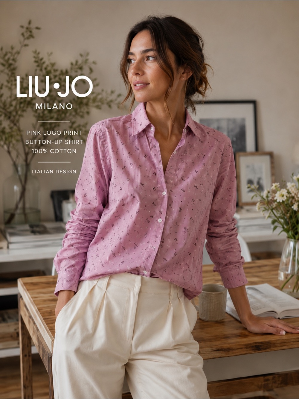 ๐ฎ๐น LIU JO Milano Pink Logo Print Button-Up Shirt Womenโs Cotton Blouse Size M